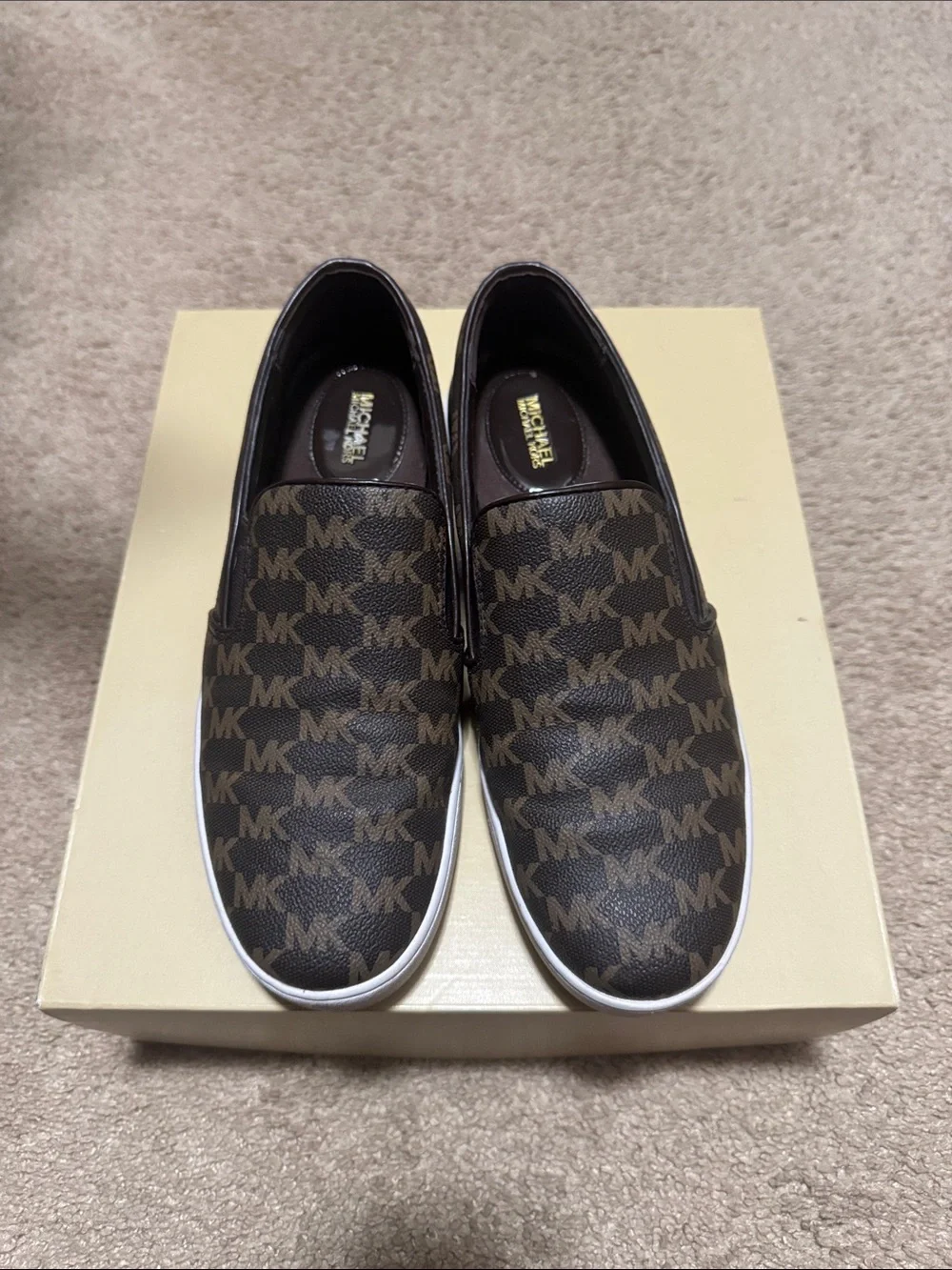 Michael Kors Brown MK Monogram Slip-On Sneakers with White Outsole